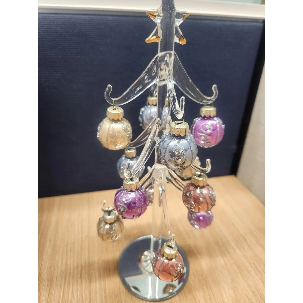 LS Arts Glass/Crystal Christmas Tree‎ W/12 Glass Ornaments Mirrored NEW W/Box